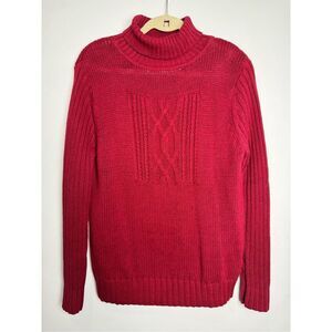 Capacity Red Chunky Cable Knit Turtle Neck Sweater size L unisex cotton/ramie‎